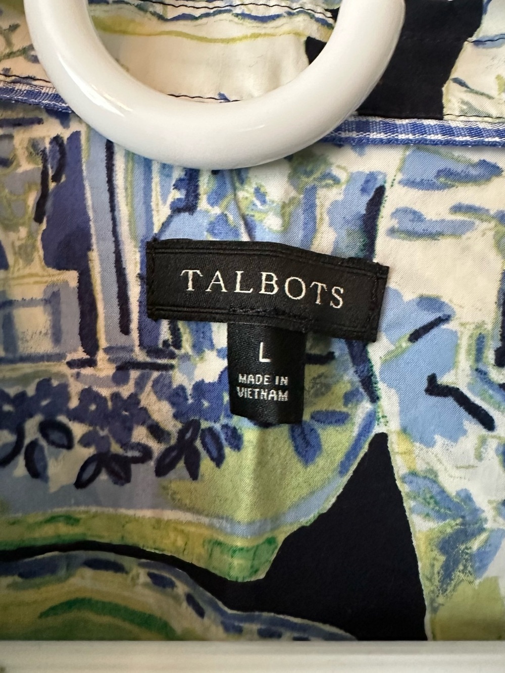 Talbots cotton blouse, blue and white vase print - Picture 2 of 4
